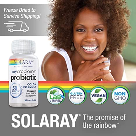 SOLARAY Mycrobiome Probiotic Colon Formula, Vegan, Digestive Function, Colon Health, and Immune System Support, 50 Billion CFU, 18 Strains, Prebiotic Inulin, 60-Day Guarantee, 30 Servings, 30 VegCaps