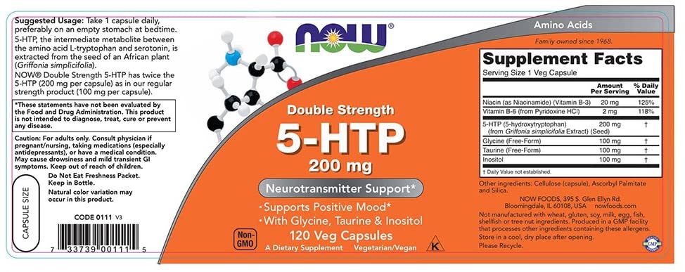 NOW Supplements, 5-HTP (5-hydroxytryptophan) 200 mg, Double Strength, Neurotransmitter Support*, 120 Veg Capsules