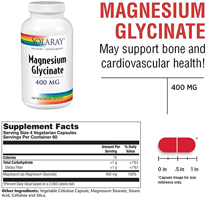 Solaray Magnesium Glycinate 400 mg | Healthy Relaxation, Bone & Cardiovascular Support (240 CT, 60 Servings)