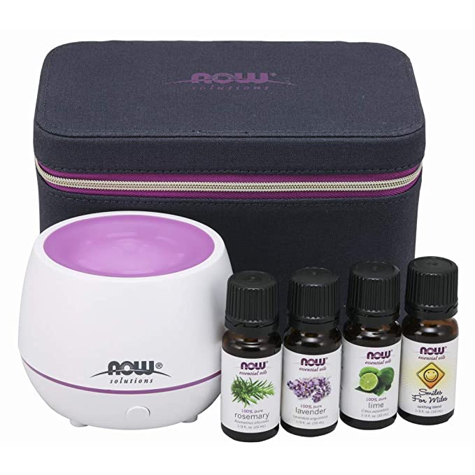 NOW Essential Oils, Gift Case, Includes; Mini Aromatherapy Diffuser, 4 x 10ml bottles: Lavender, Lime, Rosemary and Smiles for Miles Essential Oil Blend With Child Resistant Caps