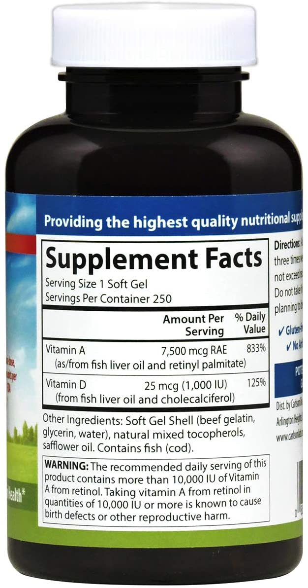 Carlson - A &amp; D, 25000 IU (7500 mcg RAE) Vitamin A, 1000 IU (25 mcg) Vitamin D, Vision Support, Skin Health, 250 Softgels