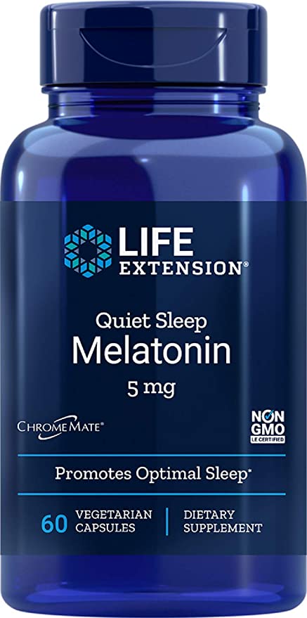 Life Extension Quiet Sleep Melatonin, 5 mg, Powerful Sleep Support, Healthy circadian Rhythms, Cellular Defense, Gluten-Free, Non-GMO, Vegetarian, 60 Capsules