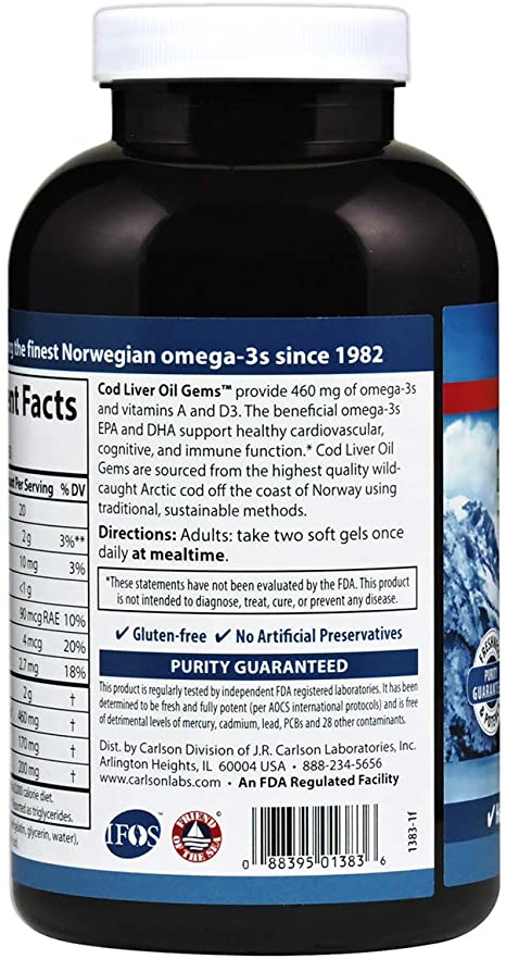 Carlson - Cod Liver Oil, 460 mg Omega-3s + Vitamins A &amp; D3, Wild-Caught Norwegian Arctic Cod-Liver Oil, Sustainably Sourced Nordic Fish Oil Capsules, Lemon, 300 Softgels