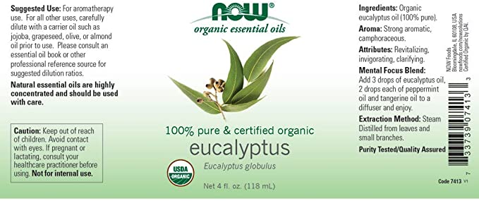NOW Foods Essential Oils, Organic Eucalyptus Globulus Oil, Clarifying Aromatherapy Scent, Steam Distilled, 100% Pure, Vegan, Child Resistant Cap, 4-Ounce