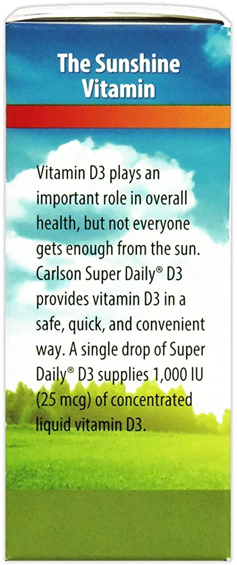 Carlson - Super Daily D3, Vitamin D Drops, 1,000 IU (25 mcg) per Drop, 1-Year Supply, Vitamin D3 Liquid, Heart &amp; Immune Health, Vegetarian, Liquid Vitamin D3 Drops, Unflavored, 365 Drops