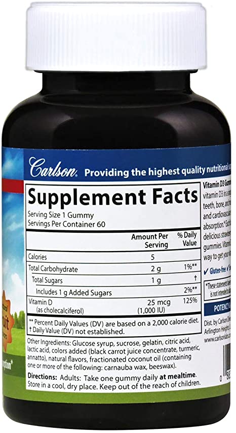 Carlson - Vitamin D3 Gummies, 1000 IU (25 mcg), Bone Health, Immune Support & Calcium Absorption, Natural Fruit Flavors, 60 Vegetarian Gummies