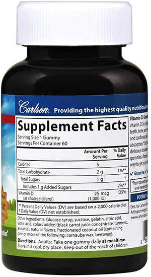 Carlson Vitamin D3 Gummies Natural Fruit, 1000 IU, 60 Vegetarian Gummies