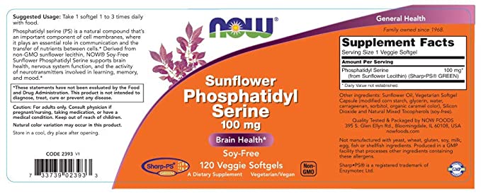 NOW Supplements, Sunflower Phosphatidyl Serine 100 mg, Derived from Non-GMO Sunflower Lecithin, 120 Veggie Softgels