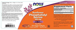 NOW Supplements, Sunflower Phosphatidyl Serine 100 mg, Derived from Non-GMO Sunflower Lecithin, 120 Veggie Softgels
