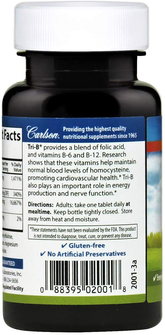 Carlson - Tri-B, Vitamin B Complex, 25 mg Vitamin B-6, 400 mcg Vitamin B-12, Folic Acid Energy Pills, Promote Cardiovascular Health, B Complex Vitamins, B12 Supplement, B Vitamin Complex, 120 Tablets