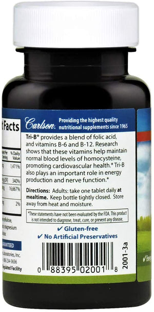 Carlson - Tri-B, Vitamin B Complex, 25 mg Vitamin B-6, 400 mcg Vitamin B-12, Folic Acid Energy Pills, Promote Cardiovascular Health, B Complex Vitamins, B12 Supplement, B Vitamin Complex, 120 Tablets