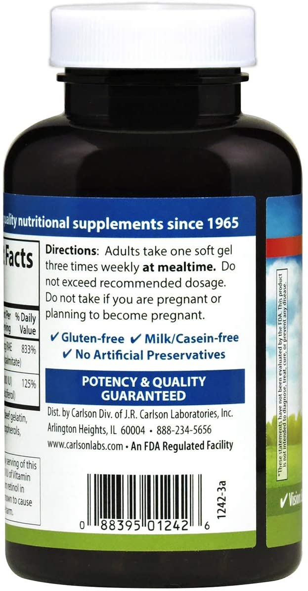 Carlson - A &amp; D, 25000 IU (7500 mcg RAE) Vitamin A, 1000 IU (25 mcg) Vitamin D, Vision Support, Skin Health, 250 Softgels