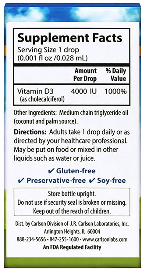 Carlson - Super Daily D3 4,000 IU (100 mcg) per Drop, Vitamin D Drop, Liquid Vitamin D3, 1-Year Supply, Unflavored, 365 Drops (10.3 mL)