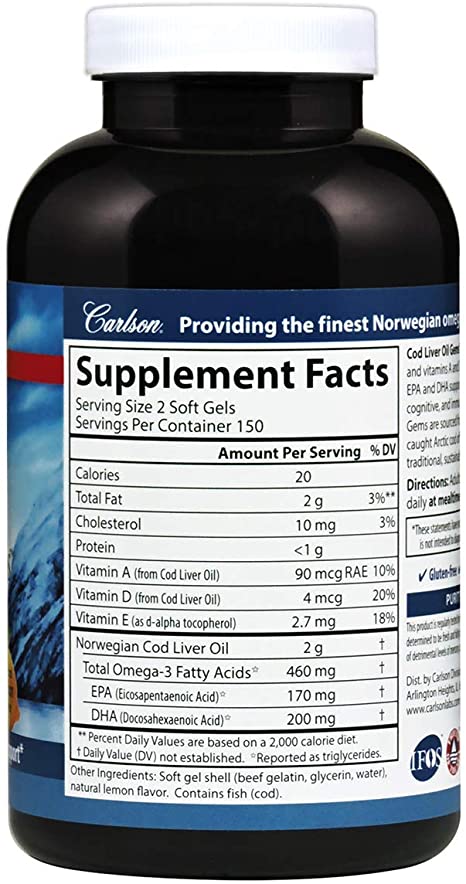 Carlson - Cod Liver Oil, 460 mg Omega-3s + Vitamins A &amp; D3, Wild-Caught Norwegian Arctic Cod-Liver Oil, Sustainably Sourced Nordic Fish Oil Capsules, Lemon, 300 Softgels
