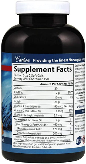 Carlson Norwegian Cod Liver Oil Gems Natural Lemon, 460 mg, 300 Softgels