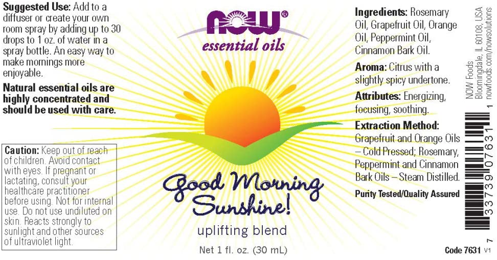NOW Essential Oils, Good Morning Sunshine Aromatherapy Blend, Soothing Aromatherapy Scent, Blend of Pure Essential Oils, Vegan, Child Resistant Cap, 1-Ounce