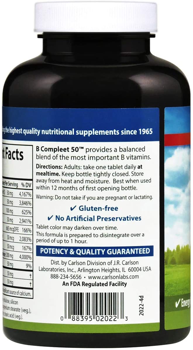 Carlson - B Compleet 50, Balanced Vitamin B Complex, Energy Production, Cellular Support & Optimal Wellness, 250 Tablets