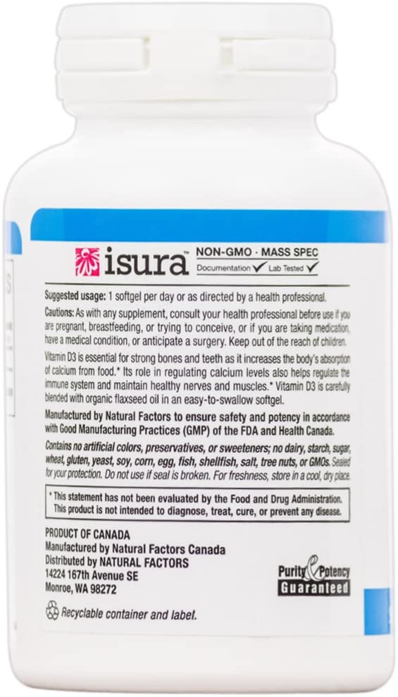 Natural Factors, Vitamin D3 2000 IU (50 mcg), Supports Strong Bones, Muscles and Immune Function, 120 Softgels