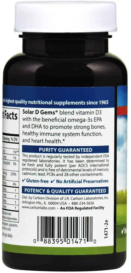 Carlson Labs Solar D Gems Natural Vitamin D3, 2000 IU, 120 Softgels