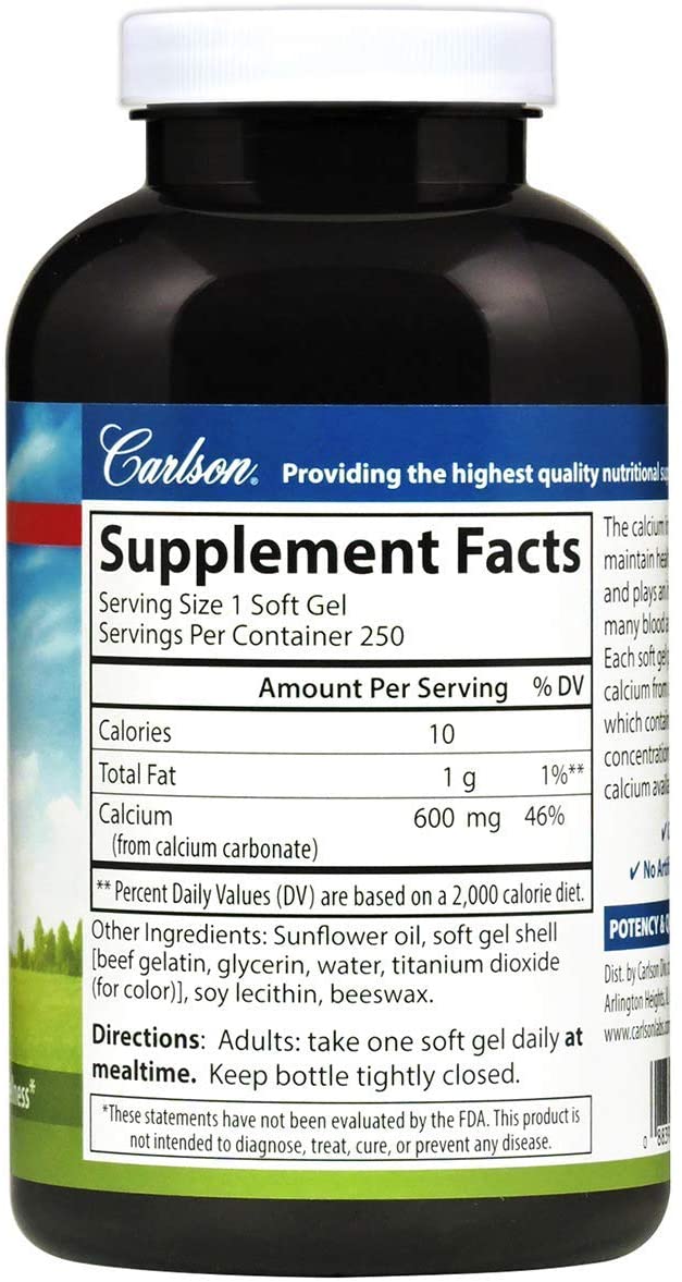 Carlson - Cal-600, 600 mg Calcium, Bone Support, Healthy Teeth &amp; Optimal Wellness, 250 Softgels