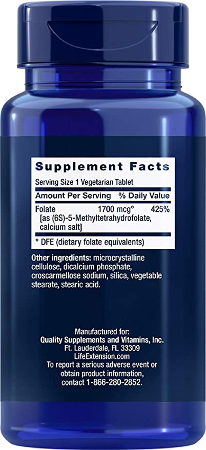 Life Extension Optimized Folate – L-methylfolate – Heart & Brain Support, Healthy Homocysteine Levels – Non-GMO, Gluten-Free, Vegetarian – 1700 mcg DFE, 100 Vegetarian Tablets