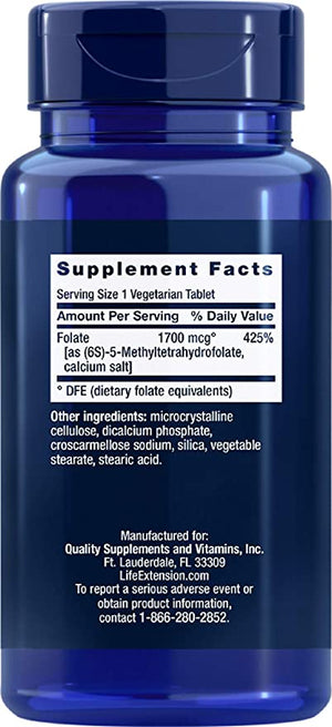 Life Extension Optimized Folate L-Methylfolate, 1700 mcg DFE, 100 Vegetarian Tablets