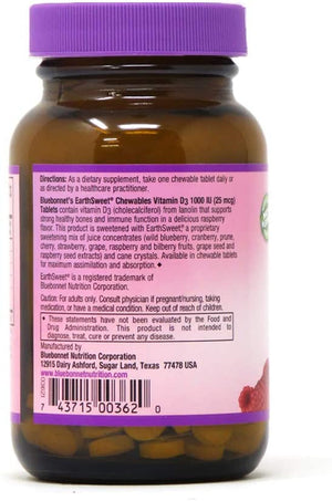 Bluebonnet Nutrition Earth Sweet® Chewables Vitamin D3 Natural Raspberry, 1000 IU, 90 Chewable Tablets