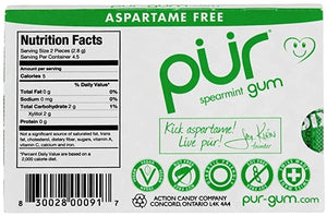 PUR 100% Xylitol Chewing Gum Sugar-Free + Aspartame Free, Vegan + non GMO, Spearmint, 9 Count