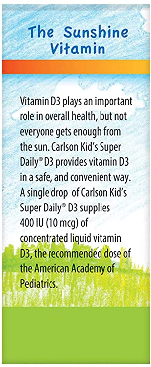 Carlson - Kid&#39;s Super Daily D3, Kids Vitamin D Drops, 400 IU (10 mcg) per Drop, Heart Health, Immune Support, Vegetarian, Liquid Vitamin D Drops, Unflavored, 365 Drops