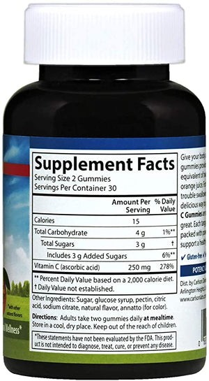 Carlson - Vitamin C Gummies, 250 mg, Immune Support & Antioxidant Power, Optimal Wellness, Orange, 60 Vegetarian Gummies