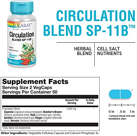 SOLARAY Circulation Blend SP-11B | Herbs &amp; Cell Salt for Healthy Circulatory System Support | 50 Servings | 100 VegCaps