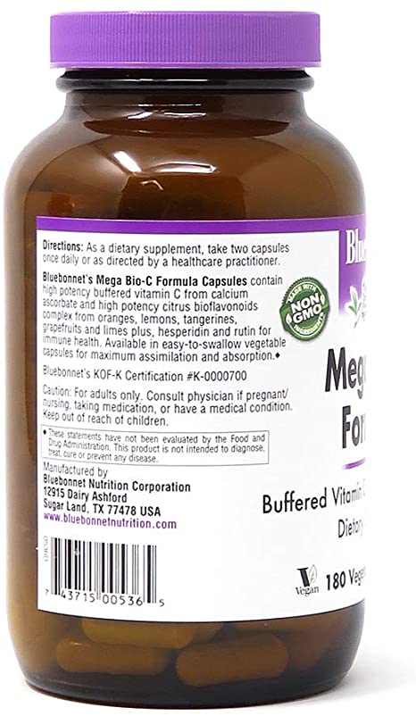 Bluebonnet Nutrition Mega Bio-C Formula Vegetable Capsules, High Potency Buffered Vitamin C, for Immune Health, Soy Free, Gluten Free, Non-GMO, Kosher, Dairy Free, Vegan, 180 Count