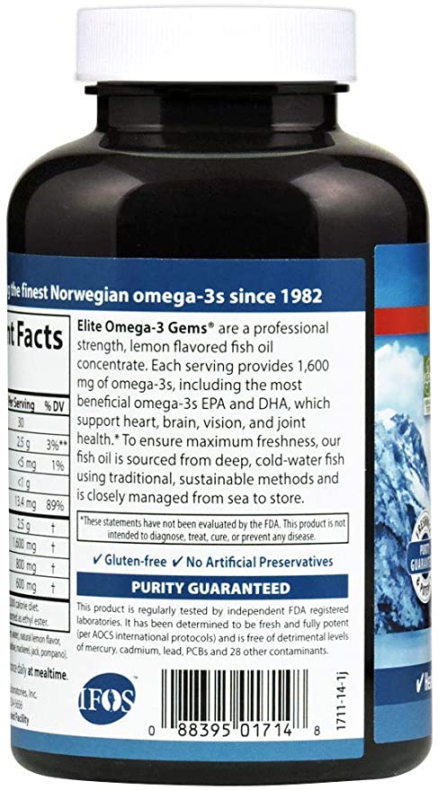 Carlson Labs Elite Omega-3, 1600 mg, Gems Fish Oil Soft Gels, Natural Lemon Flavor, 2 Pack (120 Count Each)