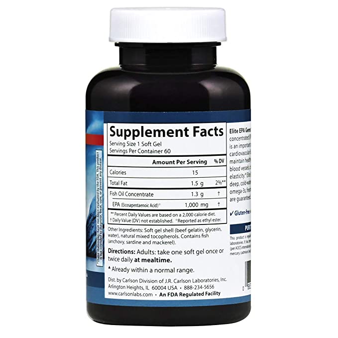 Carlson - Elite EPA Gems, 1000 mg EPA Fish Oil, Wild-Caught, Norwegian Fish Oil, Sustainably Sourced, Helps Maintain Healthy Triglyceride Levels, 120 Softgels