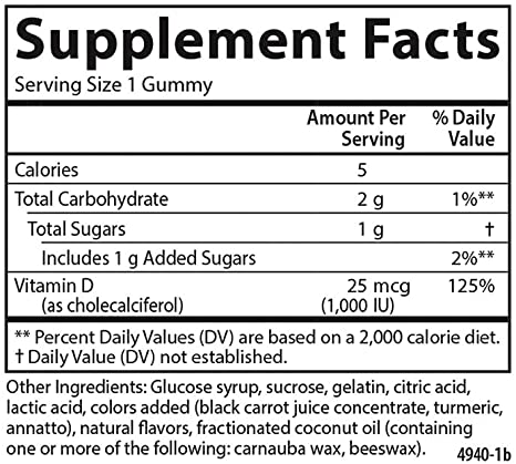Carlson - Vitamin D3 Gummies, 1000 IU (25 mcg), Bone Health, Immune Support & Calcium Absorption, Natural Fruit Flavors, 60 Vegetarian Gummies