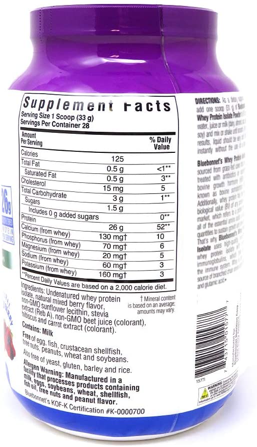 Bluebonnet Nutrition Whey Protein Isolate Powder, Whey From Grass Fed Cows, 26g of Protein, No Sugar Added, Non GMO, Gluten Free, Soy free, kosher Dairy, 2 Lbs, 28 Servings, Mixed Berry Flavor