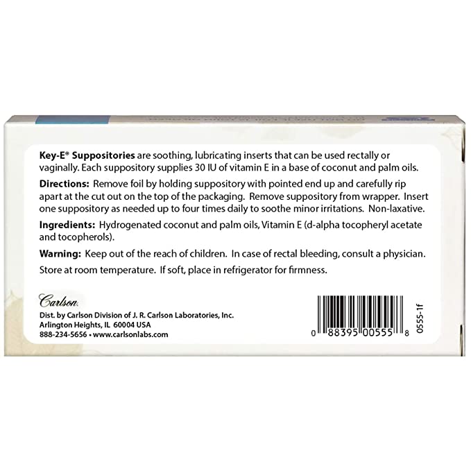 Carlson - Key-E Suppositories, 30 IU Vitamin E Suppository, Lubricates Dry Areas, Treatment for Women and Men, Vaginal &amp; Rectal, 12 Count