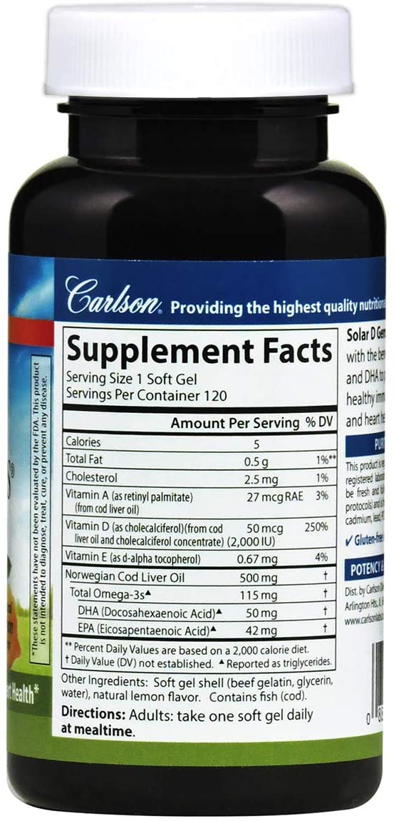 Carlson Labs Solar D Gems Natural Vitamin D3, 2000 IU, 120 Softgels