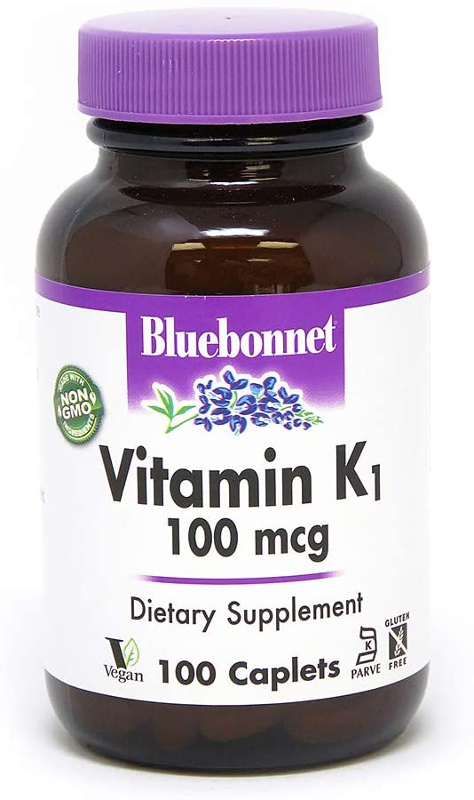 Bluebonnet Vitamin K1 100 mcg Supports Bone Health - Phylloquinone Crystalline Vitamin K Supplement - Non-GMO, Kosher Certified, Gluten-Free, Dairy-Free - 100 Vegan Caplets