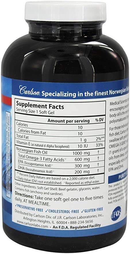 Carlson - Super Omega-3 Gems, 1200 mg Omega-3 Fatty Acids with EPA and DHA, Wild-Caught Norwegian Fish Oil Supplement, Sustainably Sourced Capsules 300 Softgels