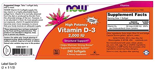 NOW Foods Supplements, Vitamin D-3 2,000 IU, High Potency, Structural Support*, 240 Softgels