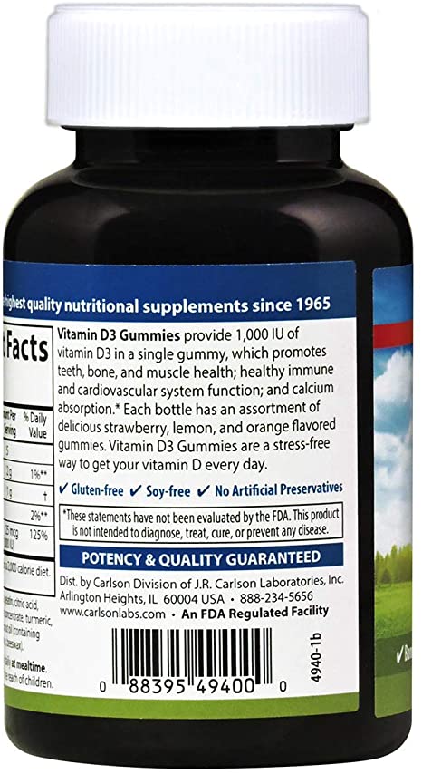 Carlson - Vitamin D3 Gummies, 1000 IU (25 mcg), Bone Health, Immune Support & Calcium Absorption, Natural Fruit Flavors, 60 Vegetarian Gummies