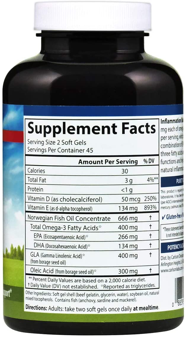 Carlson - Balanced Omega-3 &amp; Omega-6 Ratio, with D3, Norwegian, Wild-Caught Fish Oil Supplement with Fatty Acids, Sustainably Sourced Fish Oil Capsules, 90 Softgels
