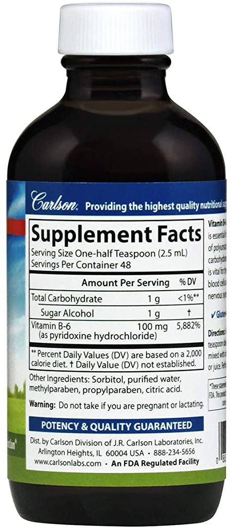 Carlson - B-6 Liquid, Vitamin B-6, Energy Production, Heart Health, Berry Lemonade Flavor, 120 mL (4 Fl Oz)
