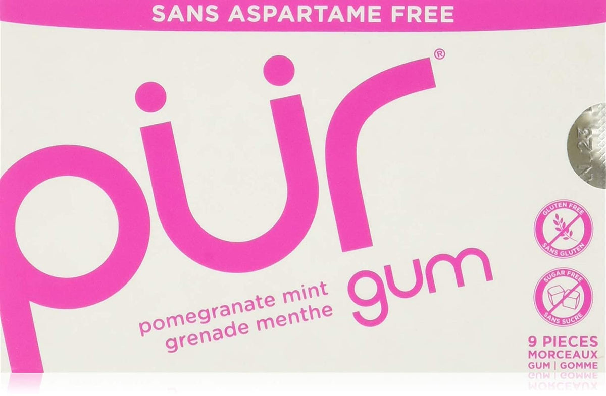 PUR 100% Xylitol Chewing Gum, Pomegranate Mint, Sugar-Free + Aspartame Free, Vegan + non GMO, 9 Count