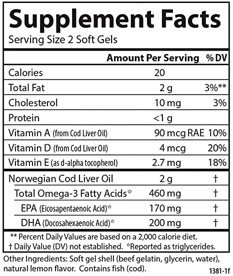 Carlson - Cod Liver Oil Gems, 460 mg Omega-3s, Plus Vitamins A and D3, Wild Caught Norwegian Arctic Cod, Sustainably Sourced Nordic Fish Oil Capsules, Lemon, 150 + 30 Softgels