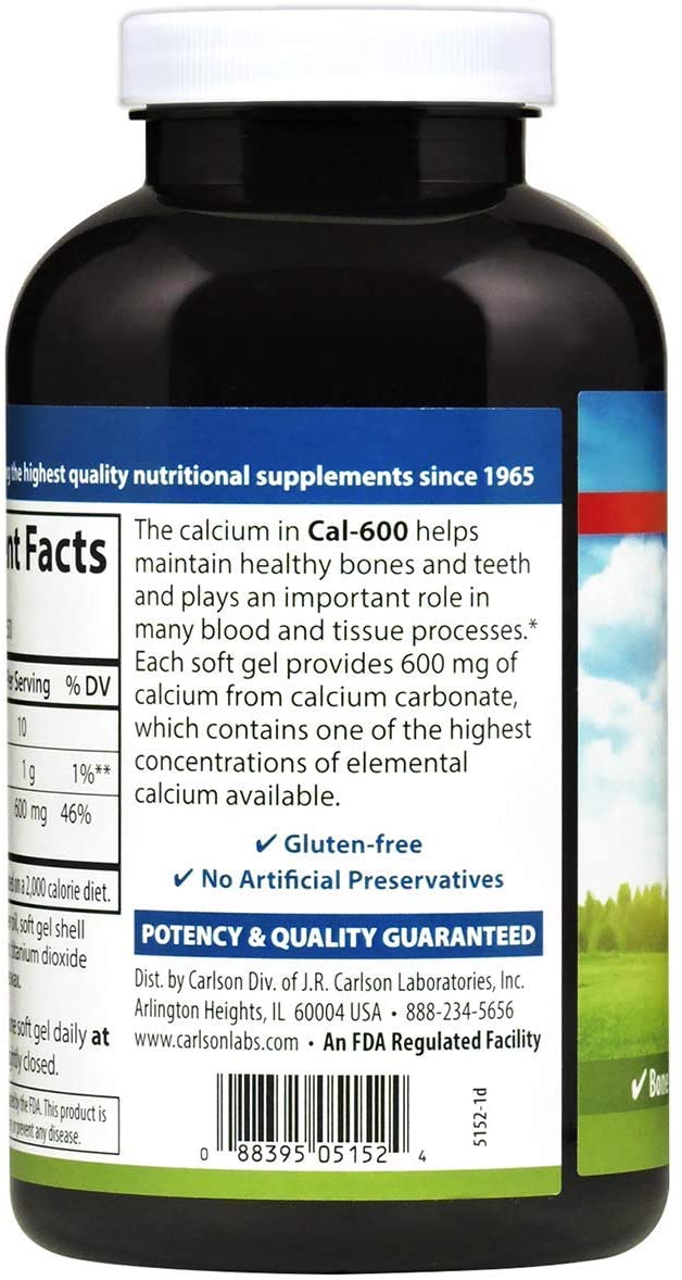 Carlson - Cal-600, 600 mg Calcium, Bone Support, Healthy Teeth &amp; Optimal Wellness, 250 Softgels