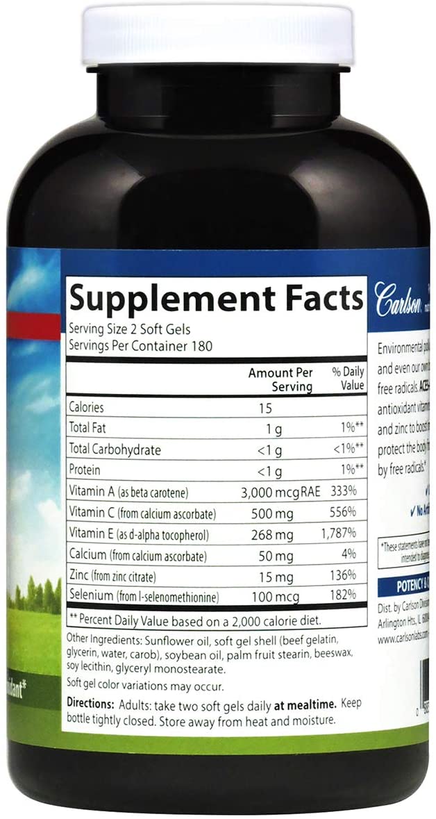 Carlson - ACES + Zn, Vitamins A, C, E + Selenium &amp; Zinc, Multivitamin with Zinc, Cellular Health &amp; Immune Support, Selenium Multivitamin, Antioxidant, 360 Softgels
