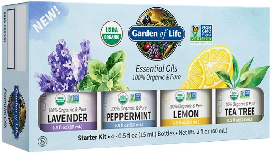 Garden of Life Essential Oils Starter Pack Lavender, Peppermint, Lemon, Tea Tree, 100% USDA Organic &amp; Pure, Non-GMO, for Diffuser, Aromatherapy, 2 Fl Oz