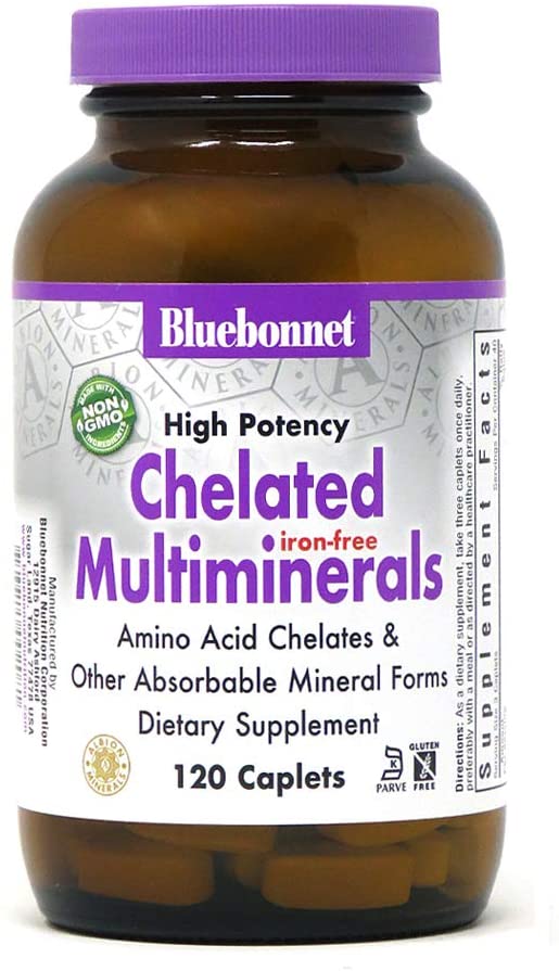 Bluebonnet Nutrition High Potency Chelated Multiminerals (Iron-Free), Albion Chelated Minerals, Soy-Free, Gluten-Free, Non-GMO, Kosher Certified, Dairy-Free, 120 Caplets, 40 Servings